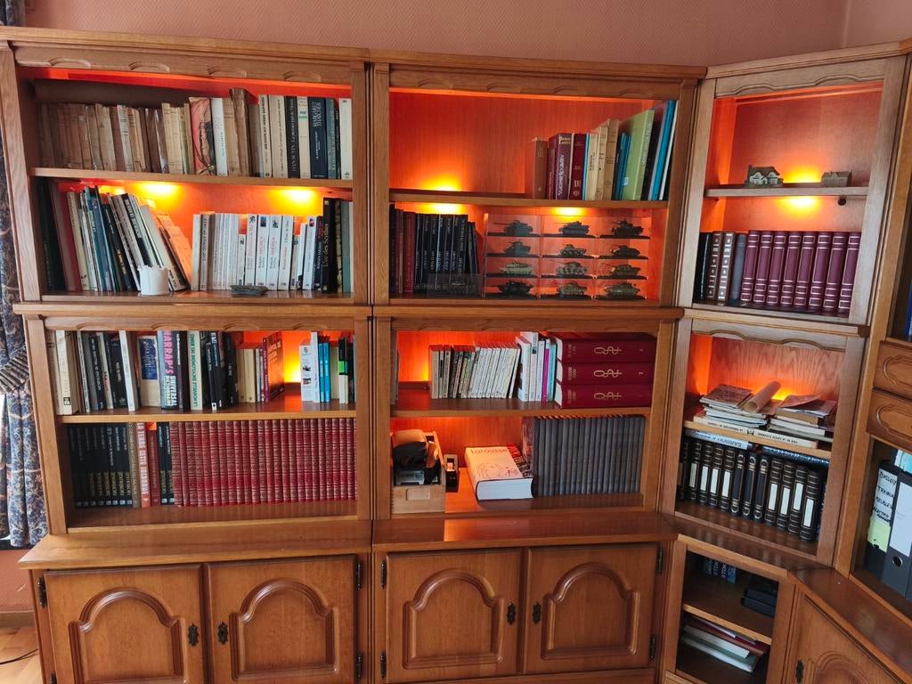 Grande bibliothèque d'angle modulable en chêne + éclairage, Avec tiroir(s), 25 à 50 cm, 200 cm ou plus, Comme neuf
