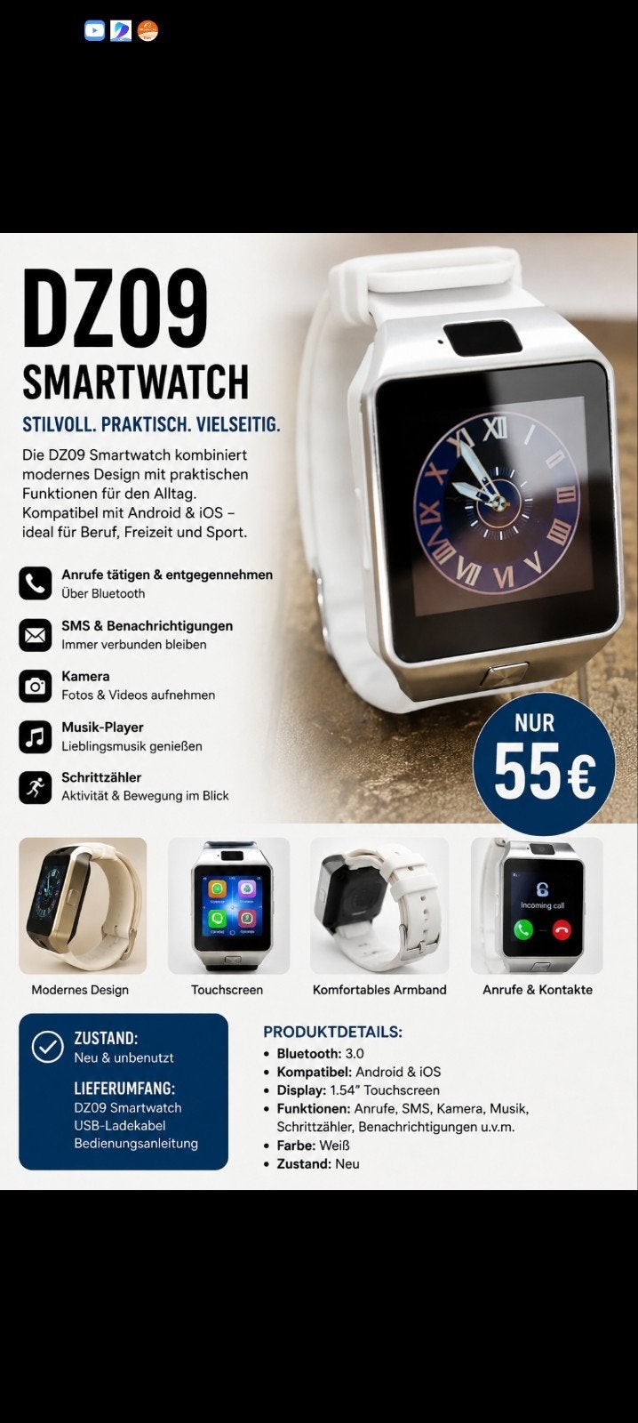 montre connectée électronique DZ09. carte SIM dorée/rose, Bijoux, Sacs & Beauté, Enlèvement ou Envoi