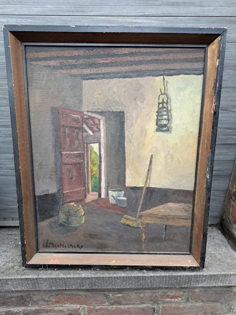 Huile sur toile interieur d une maison signe.leo mechelaere, Enlèvement ou Envoi, Toile