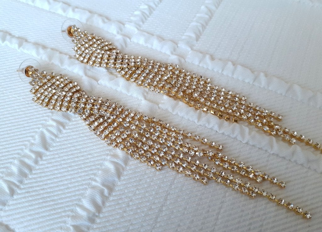 oorbellen chandelier lang goud met strass, Enlèvement ou Envoi, Or, Neuf, Puces ou Clous