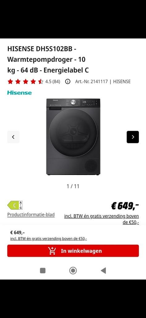 HISENSE DH5S102BB  Nieuwe 10KG /5 jaar garantie