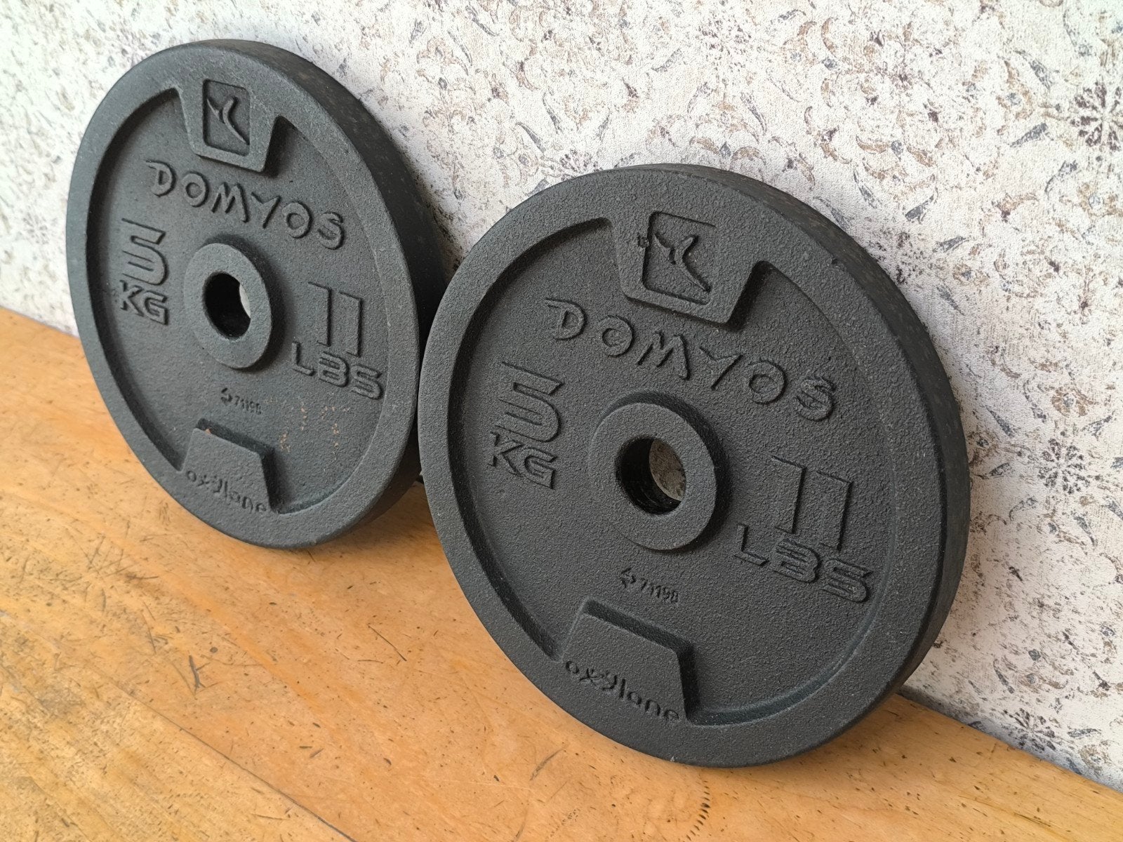 2 x Domyos 5kg plaques de musculation. 2,8cm., Enlèvement, Utilisé, Bras, Plaques d'haltères