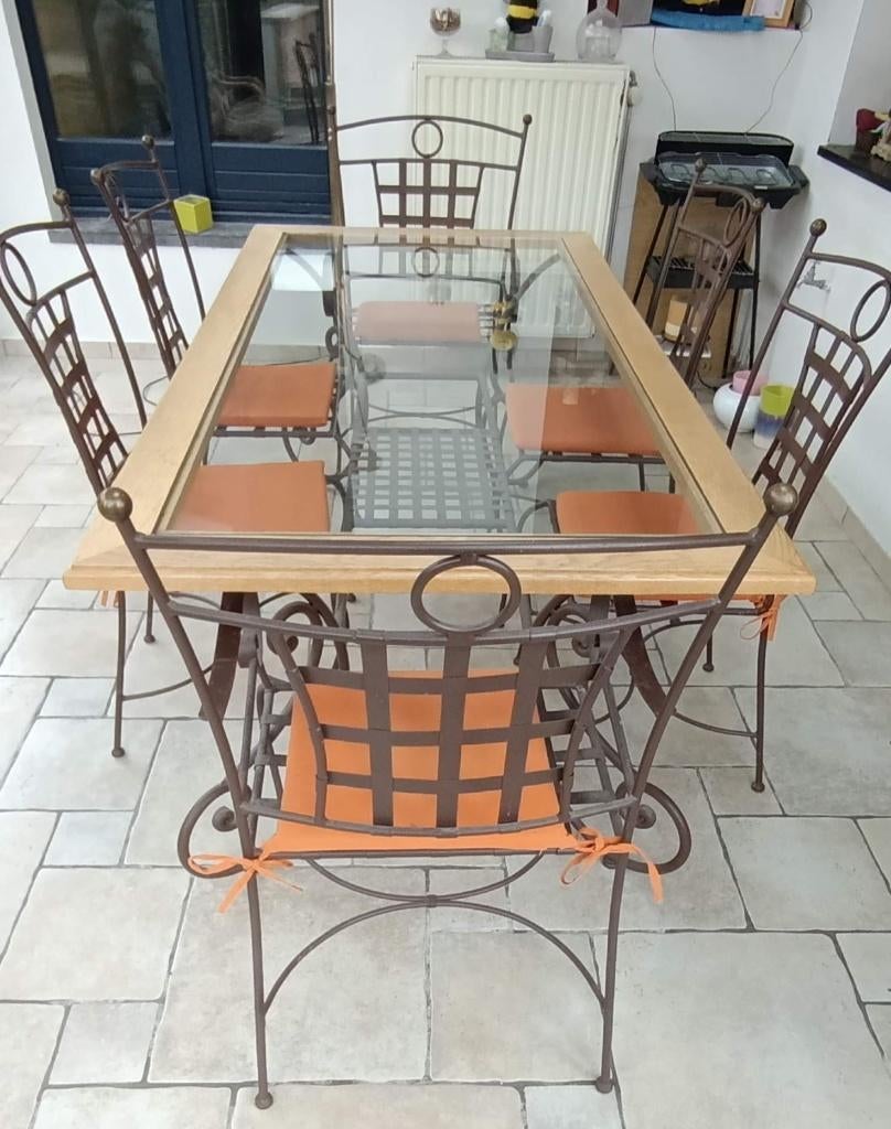 Table en Fer Forgé plateau en verre + 6 chaises, Cinq personnes ou plus, Fer forgé moderne, Enlèvement, Utilisé
