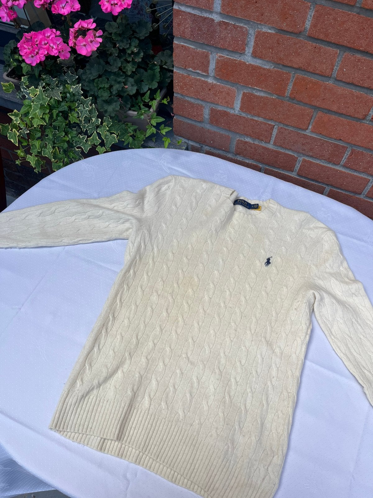 Polo Ralph Lauren Cream Cable-Knit Crewneck Sweater -M, Enlèvement ou Envoi, Porté, Taille 48/50 (M), Beige