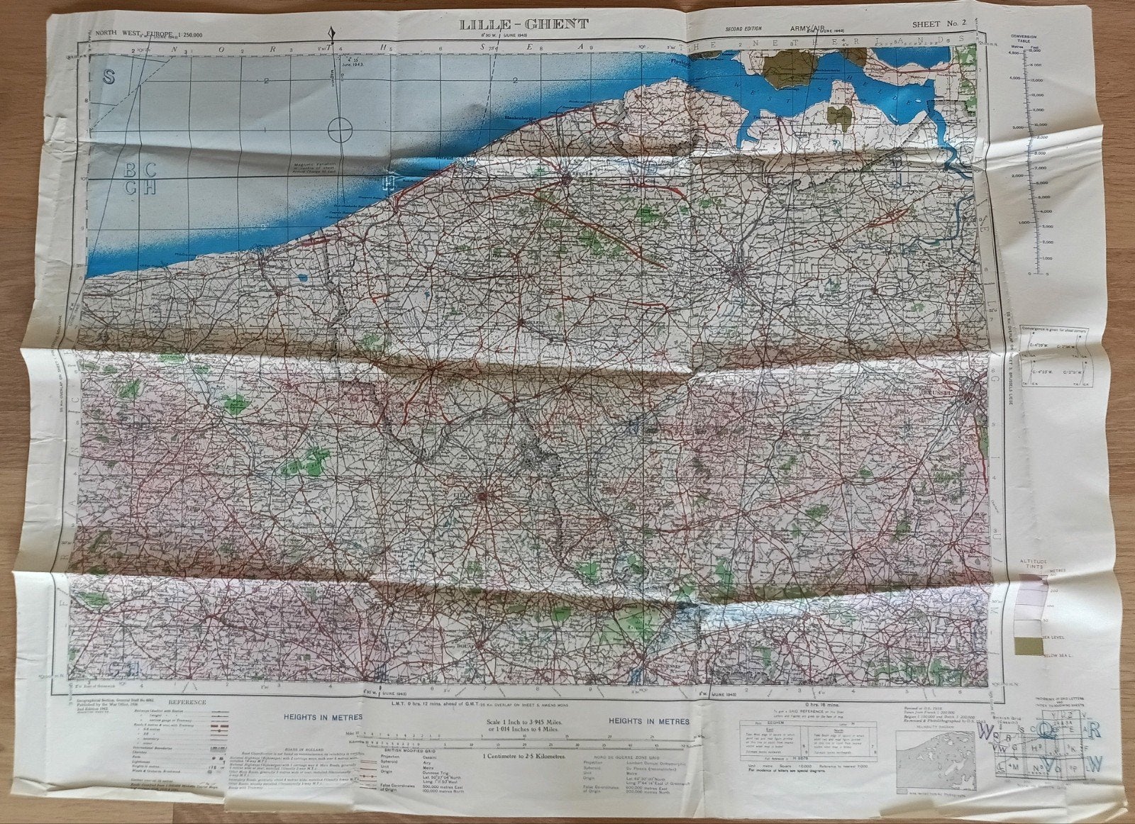 Originele WO2 Britse Army/Air Stafkaart 1943 – Lille-Gent, Ophalen of Verzenden