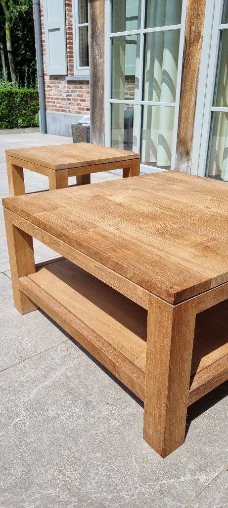 Salontafel, bijzettafel teak, Ophalen, Minder dan 45 cm, Vierkant, Zo goed als nieuw