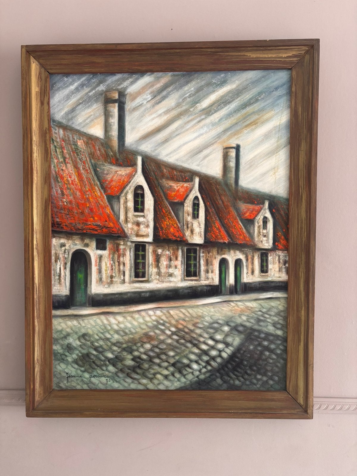 Huile sur toile signée Jeanne Deroux - Béguinage de Bruges, Antiquités & Art, Peinture à l'huile, Enlèvement, Réaliste, Paysage urbain / rural
