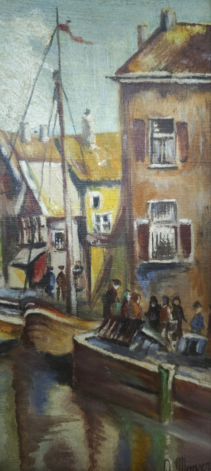 Sfeervol vintage olieverfschilderij - Havengezicht in gouden, Antiek en Kunst, Ophalen of Verzenden, Klassiek, Doek