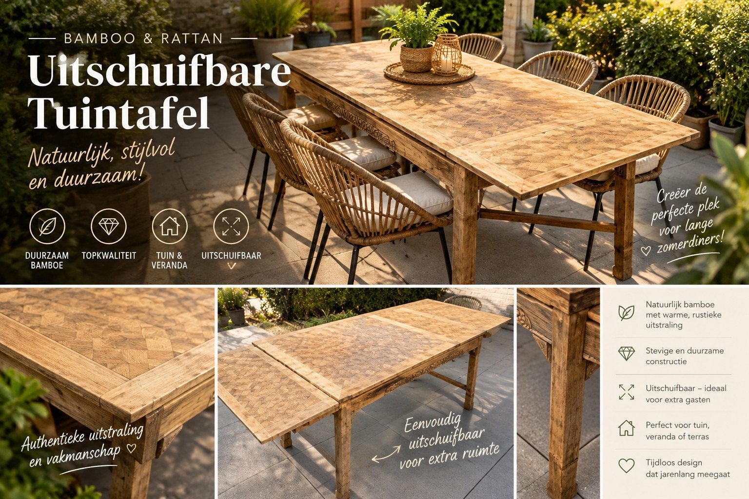 Unieke uitschuifbare houten tuintafel – 1m30 of 2m30 op 1m, Antiek en Kunst, Ophalen