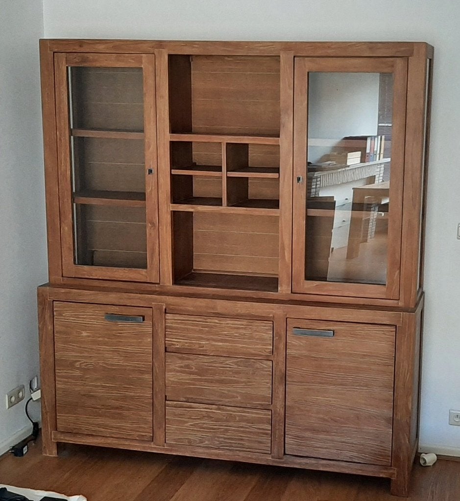 Buffet haut rangements, tiroirs et vitrine en bois exotique, Teck, 25 à 50 cm, 150 à 200 cm, Comme neuf