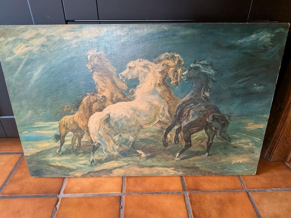 Olieverf op paneel: „Horses in the storm””., Antiek en Kunst, Ophalen