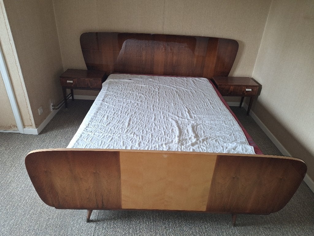 Vintage Retro Houten  Tweepersoonsbed – Mid-Century Design, Huis en Inrichting, Ophalen, Gebruikt, Tweepersoons