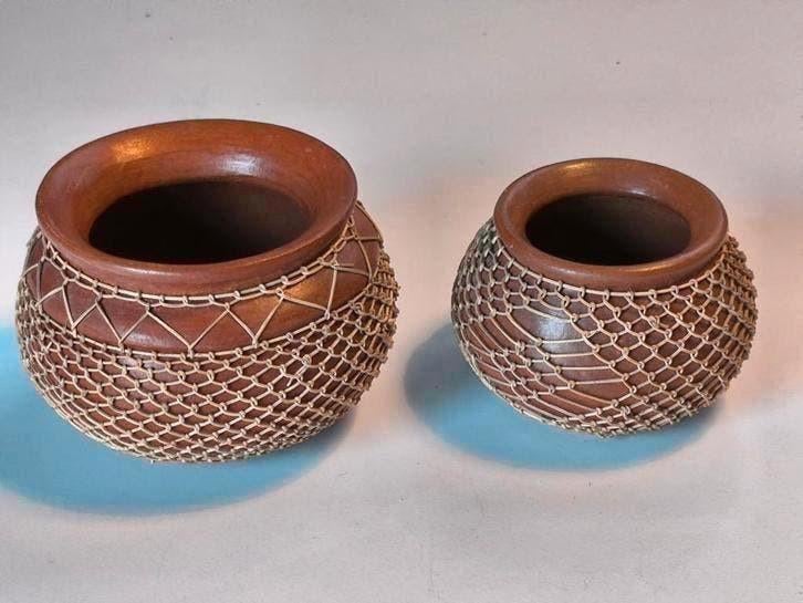 Set van 2 terracotta potjes, macramé, Ophalen of Verzenden