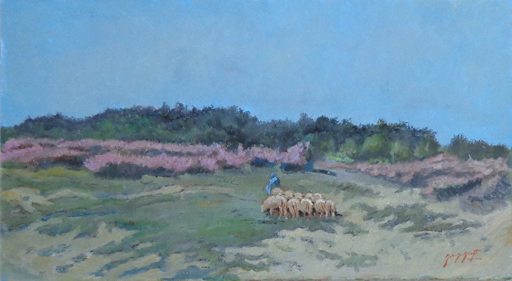 MARCEL VAN DEN BEMPT / KUDDE SCHAPEN / OLIEVERF DOEK 50x90cm, Ophalen, Gesigneerd, Olieverf, Doek