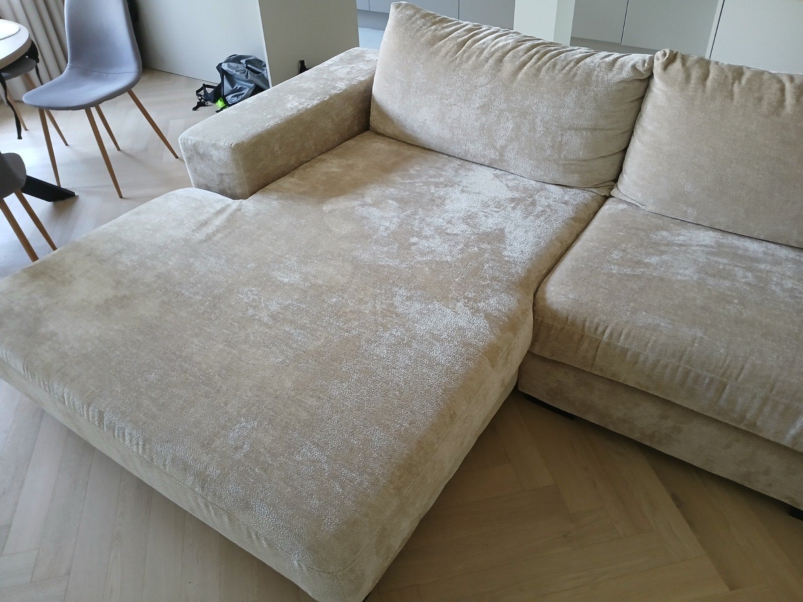 Beige zetel, 350 cm breed, Huis en Inrichting, Zetels | Zetels, Ophalen, 100 tot 125 cm, Hoekbank, 300 cm of meer