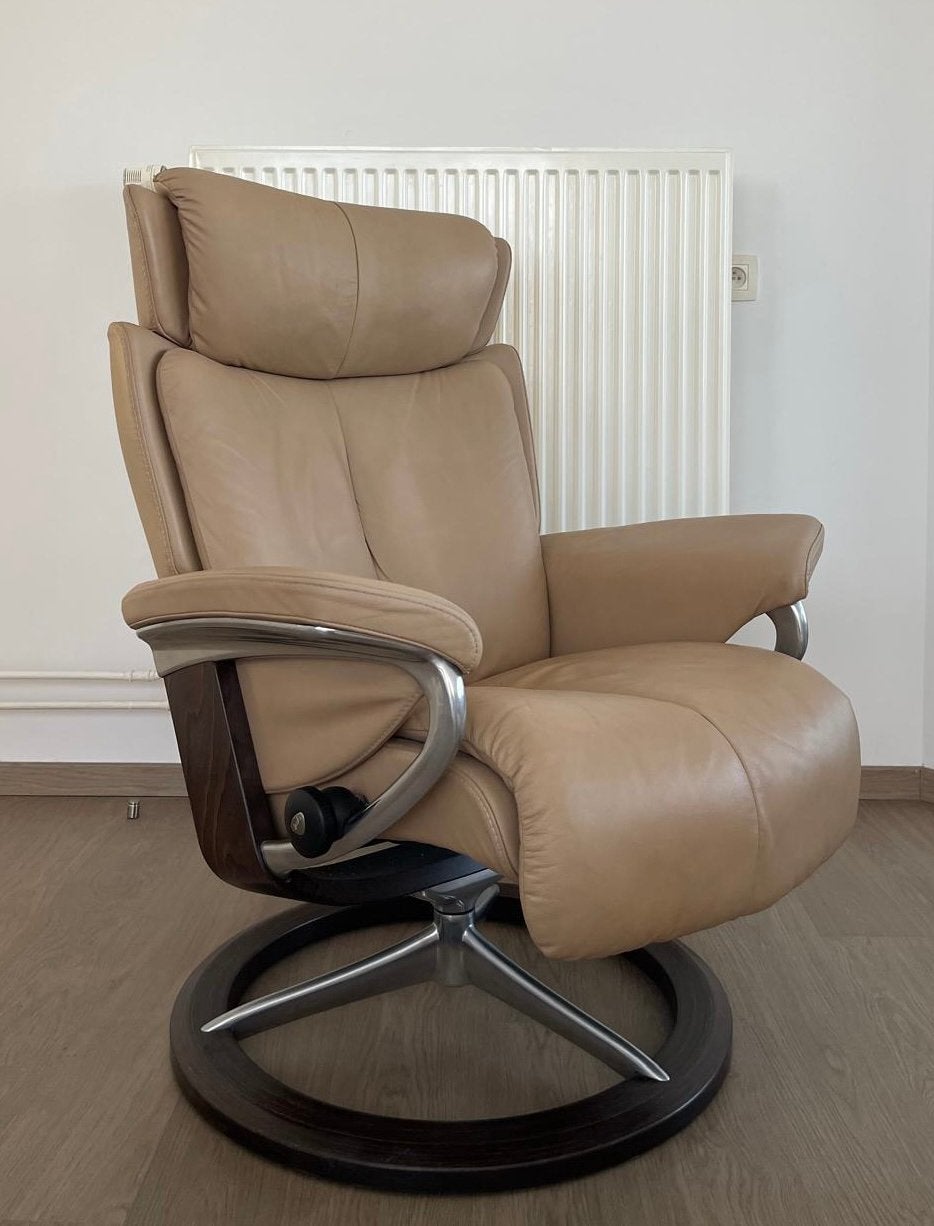 Fauteuil Stressless Design - Modèle Magic - Taupe, Maison & Meubles, Fauteuils, Comme neuf, Bois, Cuir, Métal, 50 à 75 cm, 75 à 100 cm