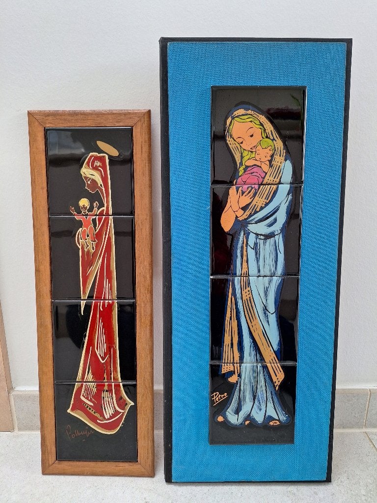 2 vintage tegeltableaus met Moeder Maria (OLV) en Jezus, Ophalen, Gebruikt, Overige typen, Christendom | Katholiek