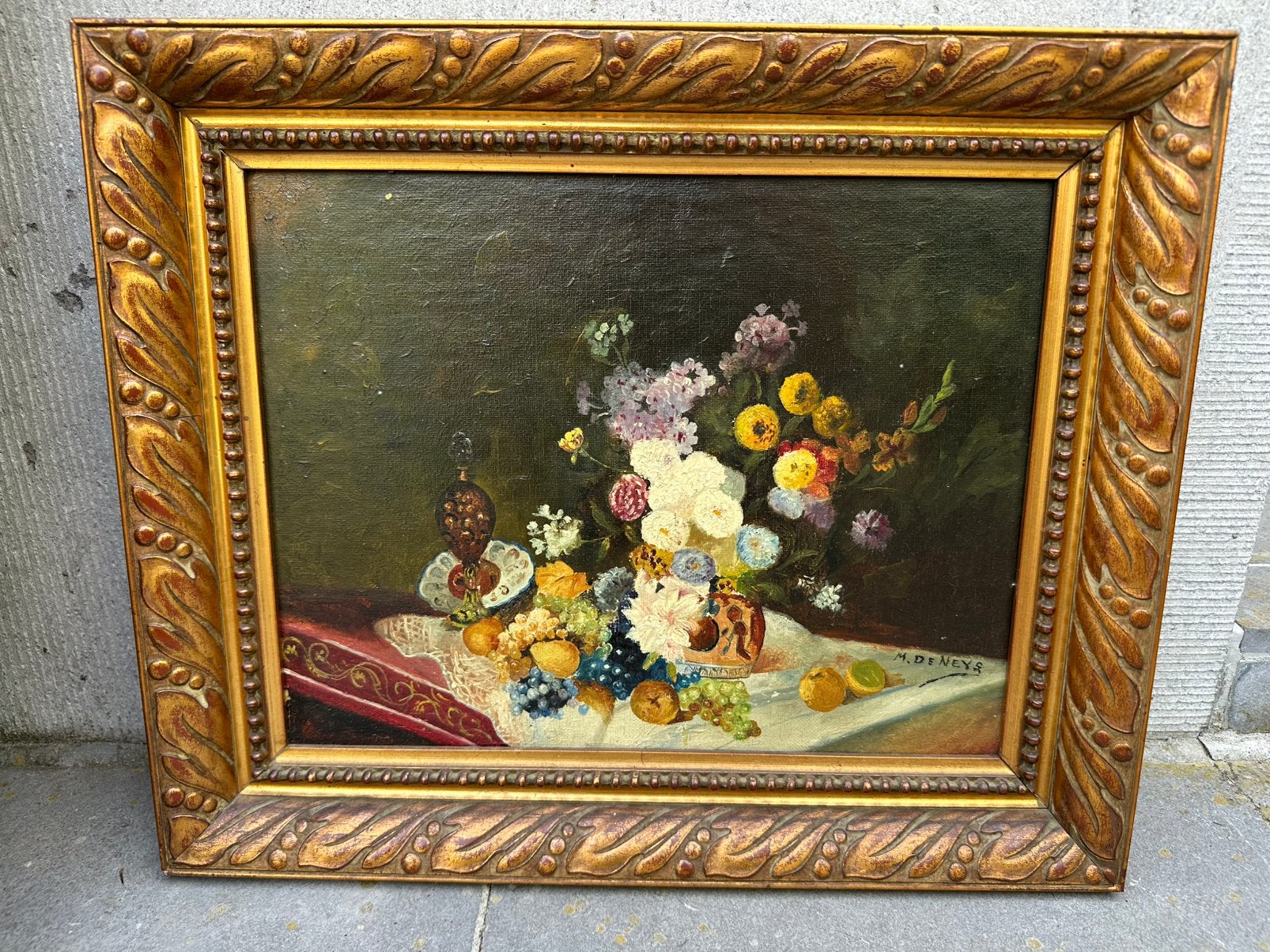 Olieverf op doek M.Deneys 38x46cm: 2stuks, Antiquités & Art, Peinture à l'huile, Enlèvement, Nature morte, Toile