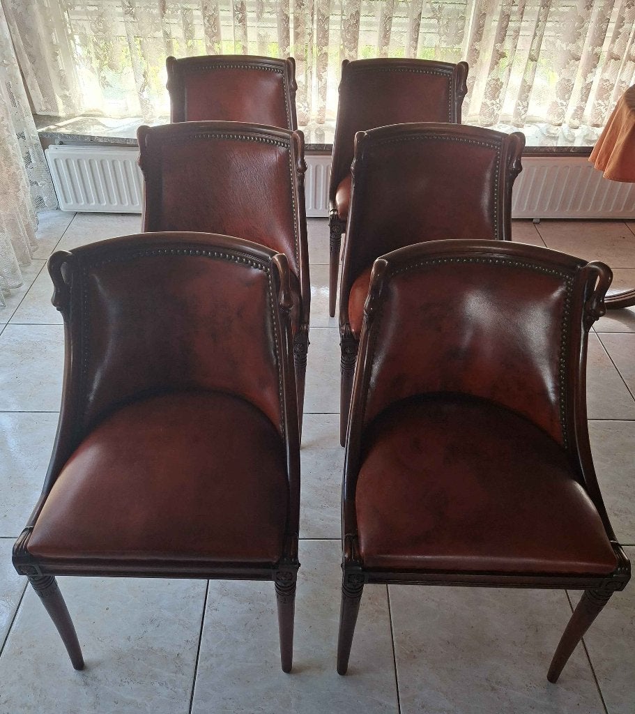 Set van 6 vintage Empire gondelstoelen - rood leder, Maison & Meubles, Chaises, Rouge, Empire, Enlèvement, Bois