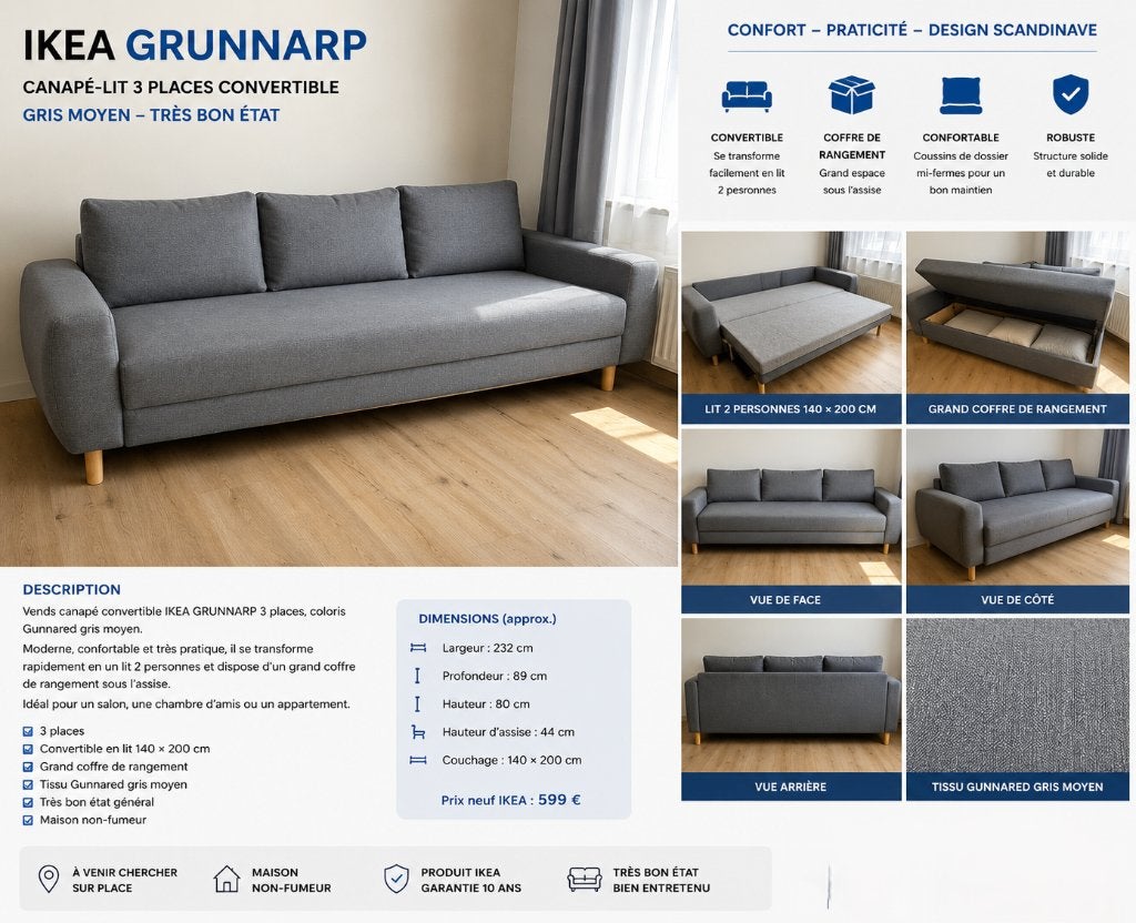 Canapé-lit IKEA GRUNNARP 3 places – Gris moyen, Maison & Meubles, Chambre à coucher | Canapés-lits, Comme neuf, 80 cm, 200 cm