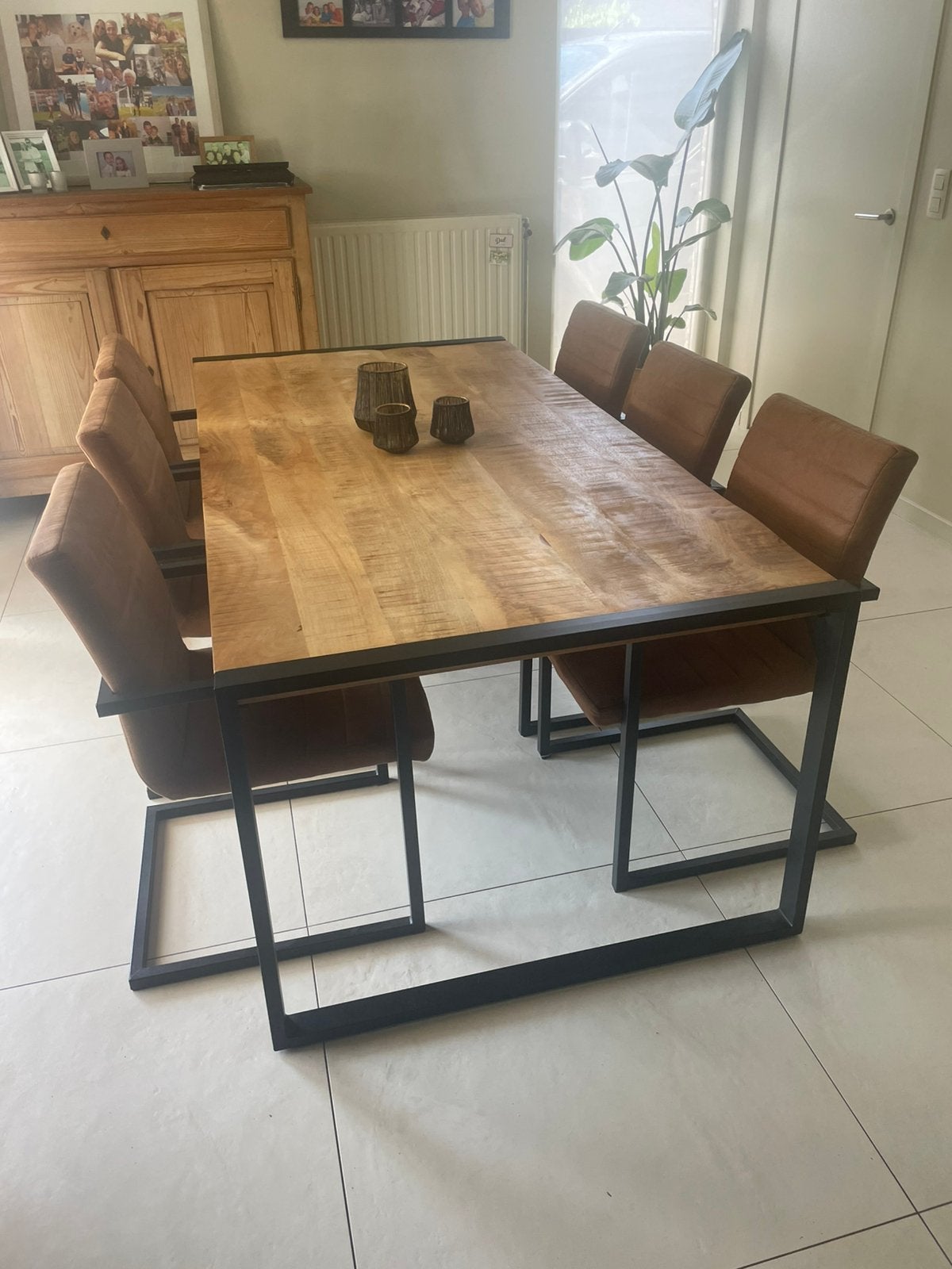 Eettafel mangohout + 6 stoelen, Ophalen, Zo goed als nieuw