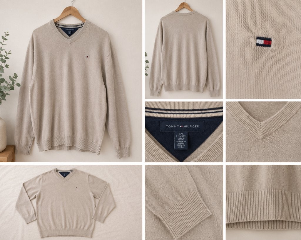 Pull Tommy Hilfiger beige col V – XXL – Bon état, Beige, Tommy Hilfiger, Autres tailles, Porté
