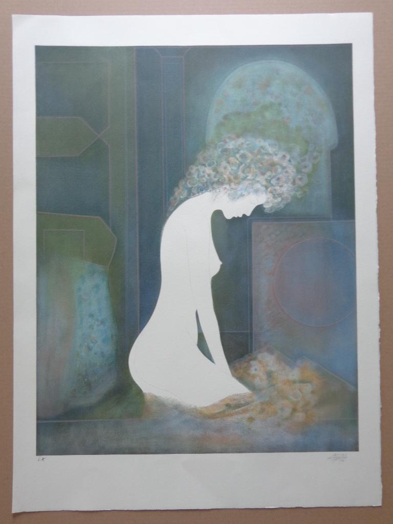 GUY RIBES / ZITTEND NAAKTE VROUW / KLEURLITHO / 76x56cm SIG, Antiek en Kunst, Ophalen of Verzenden