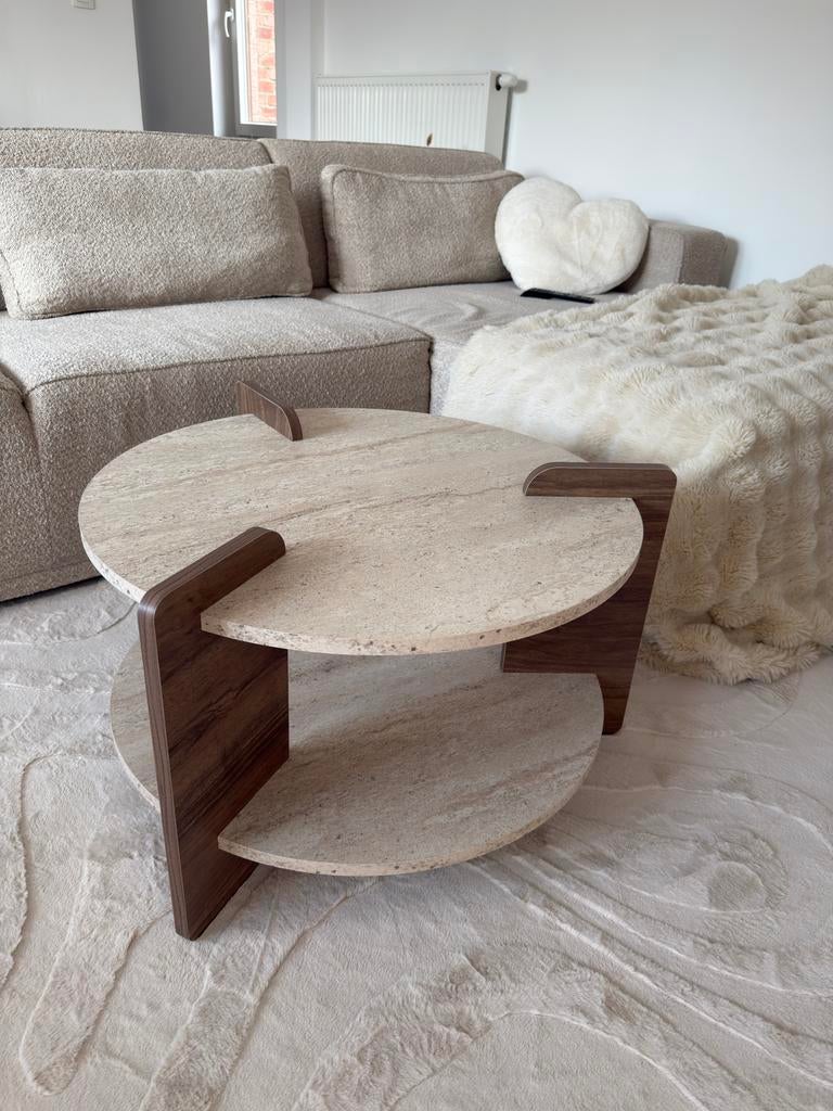 Table basse salon travertin et bois, Maison & Meubles, Enlèvement, Comme neuf