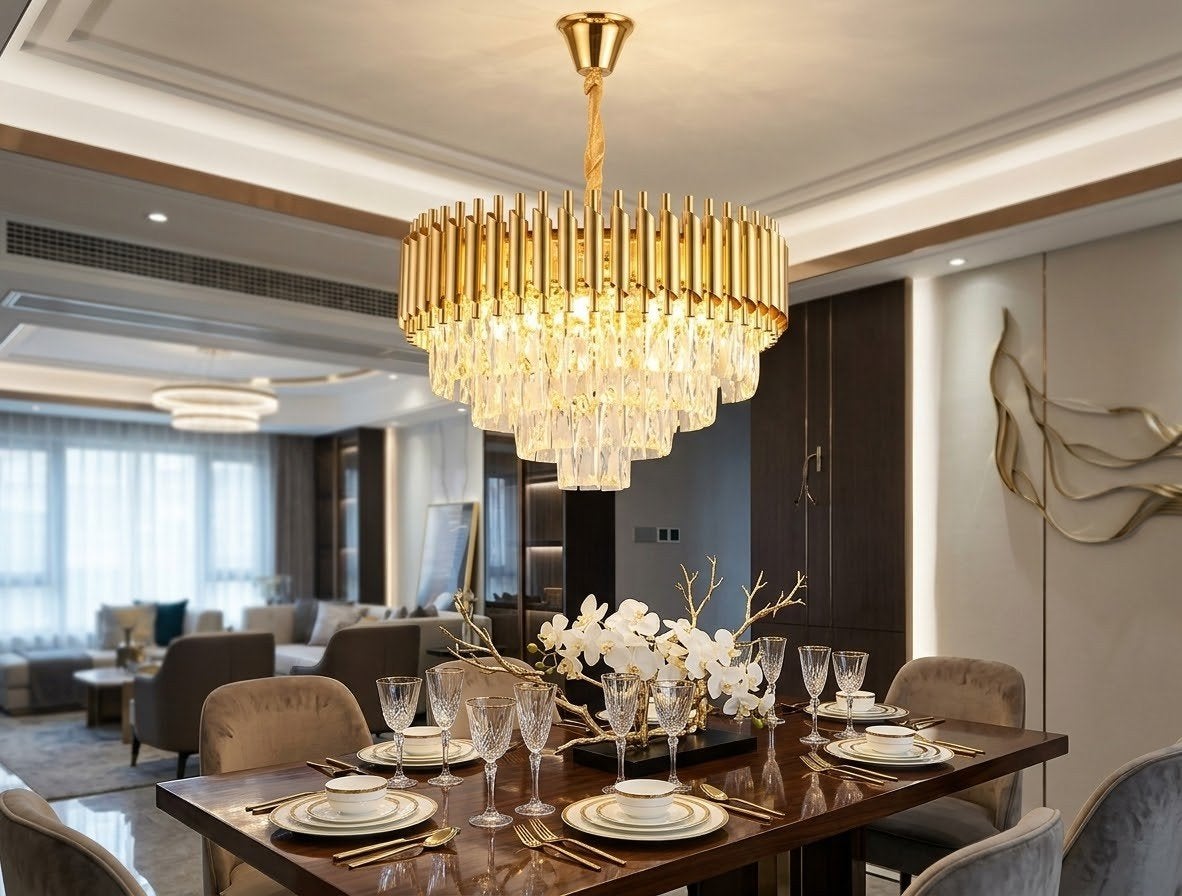Grand Lustre Cristal K9 Luxe & Or — Ambiance Royale, Enlèvement ou Envoi, Neuf, Verre, E14 (petit)