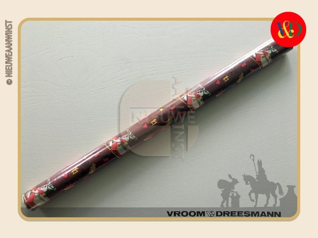 Nostalgische V&D rol inpakpapier - bruin/rood/groen - 250cm, Envoi, Neuf