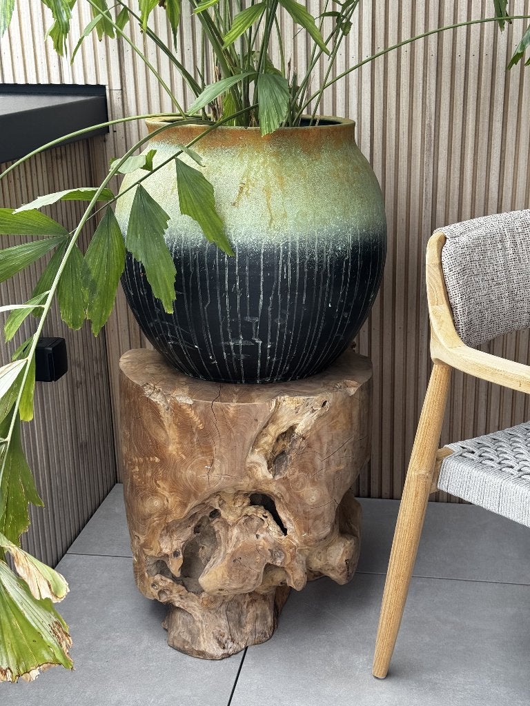 bloempot en boomstronk kruk/bijzettafel, Tuin en Terras, Bloempotten, Ophalen, 40 cm of meer, Rond, Binnen
