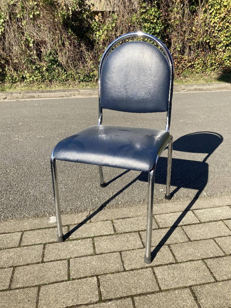 6 chaises en skai bleu et argenté, Maison & Meubles, Chaises, Comme neuf, Enlèvement, Cinq, Six Chaises ou plus, Métal