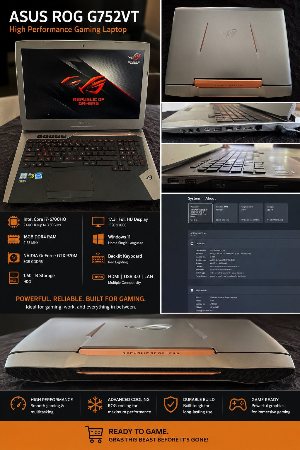 Téléviseur Asus ROG 752, Enlèvement, Comme neuf, 16 GB, Gaming