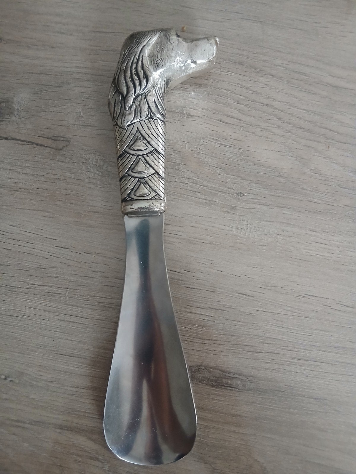 Vintage schoenlepel van zilverkleurig metaal - Hondenkop, Ophalen of Verzenden