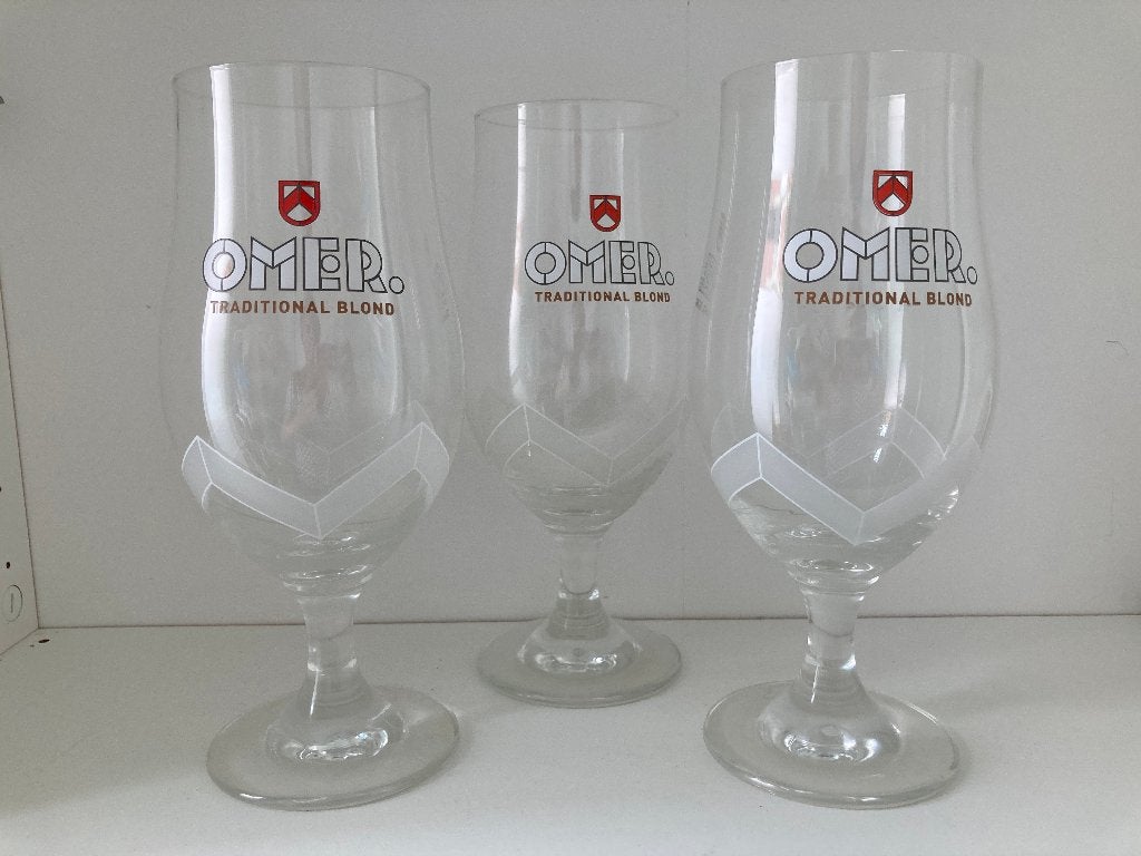 Set van 3 originele Omer Traditional Blond bierglazen, Ophalen, Zo goed als nieuw