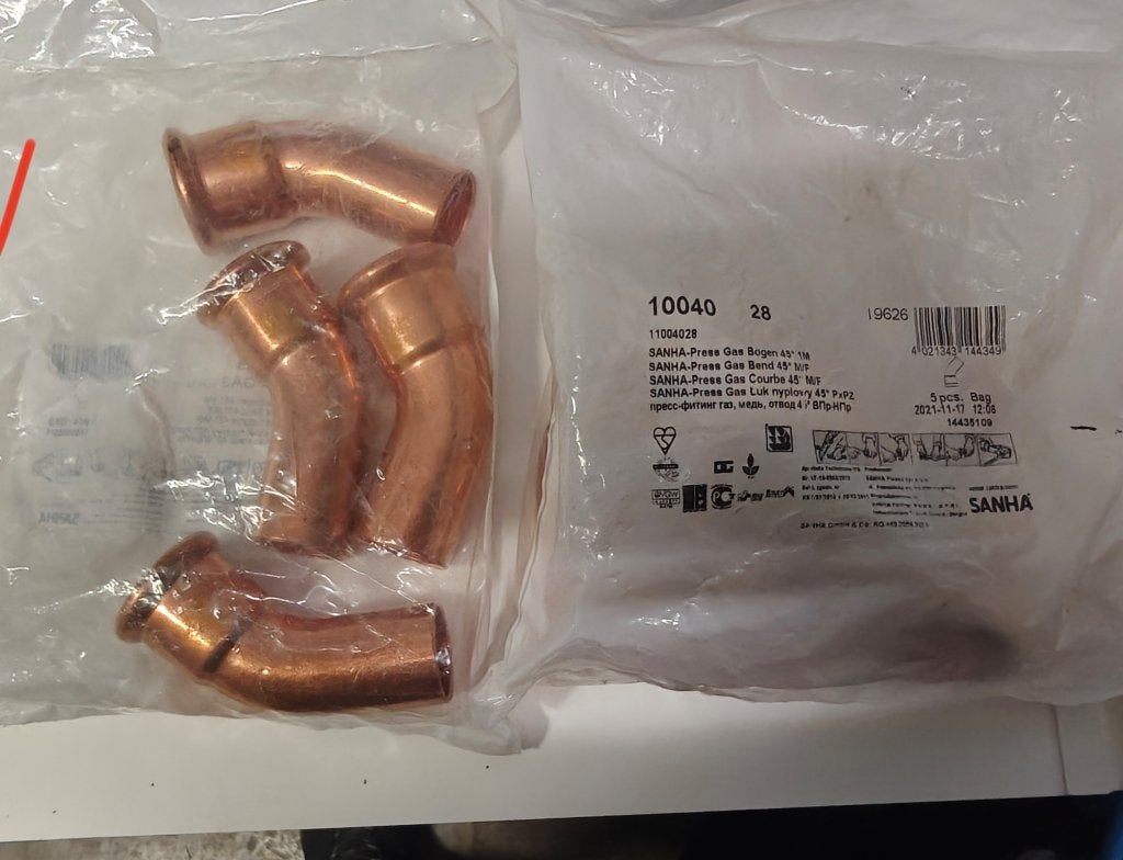 koperen krimpfittingen Sanha- bocht 45 gr -28 mm, Doe-het-zelf en Bouw, Ophalen, Nieuw, Bochten