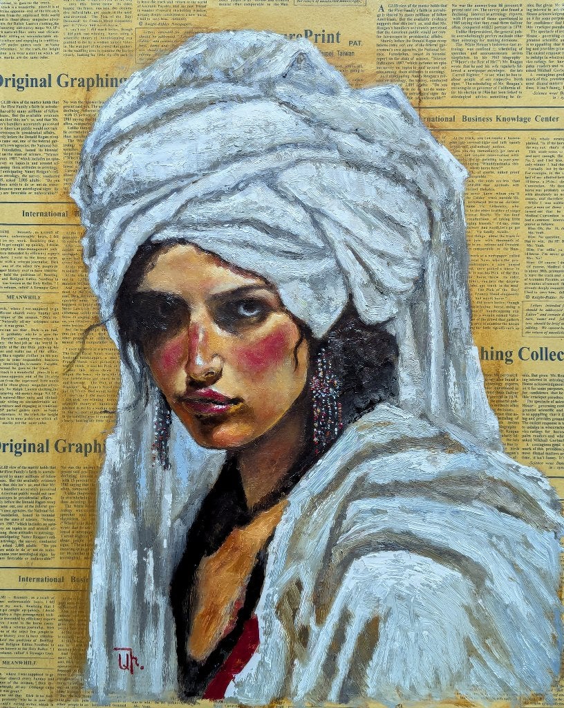Œuvre originale « La fille du Sud », Antiquités & Art, Textile, Peinture à l'huile, Portrait, Sur cadre en bois