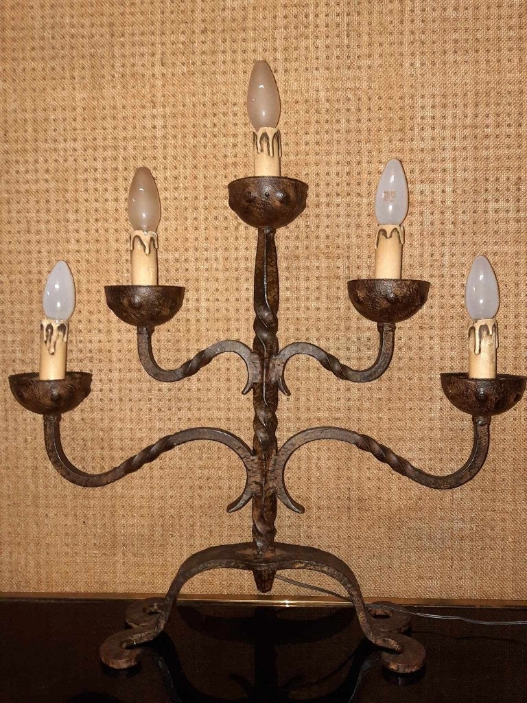 Mooie oude ijzeren handgemaakt kandelaar met 5 lichtpunten, Ophalen, Overige materialen