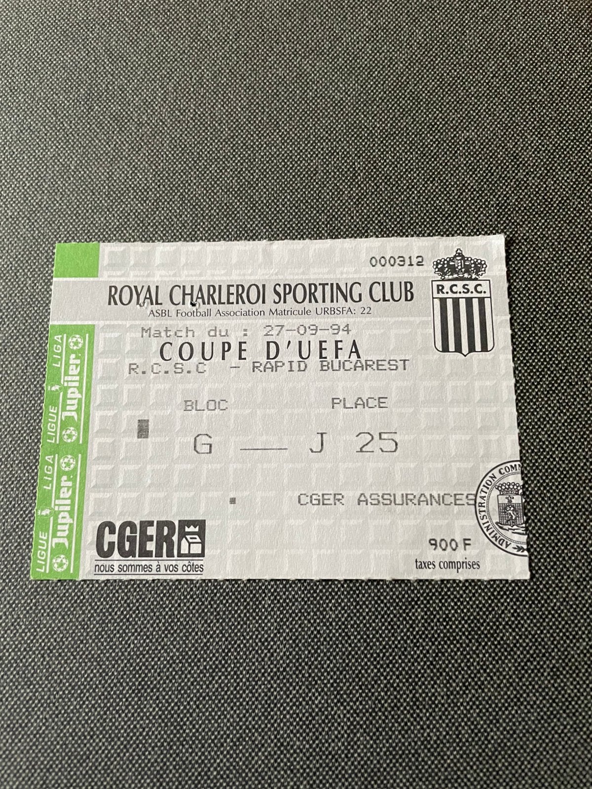 Ticket Charleroi UEFA  94, Enlèvement ou Envoi, Comme neuf