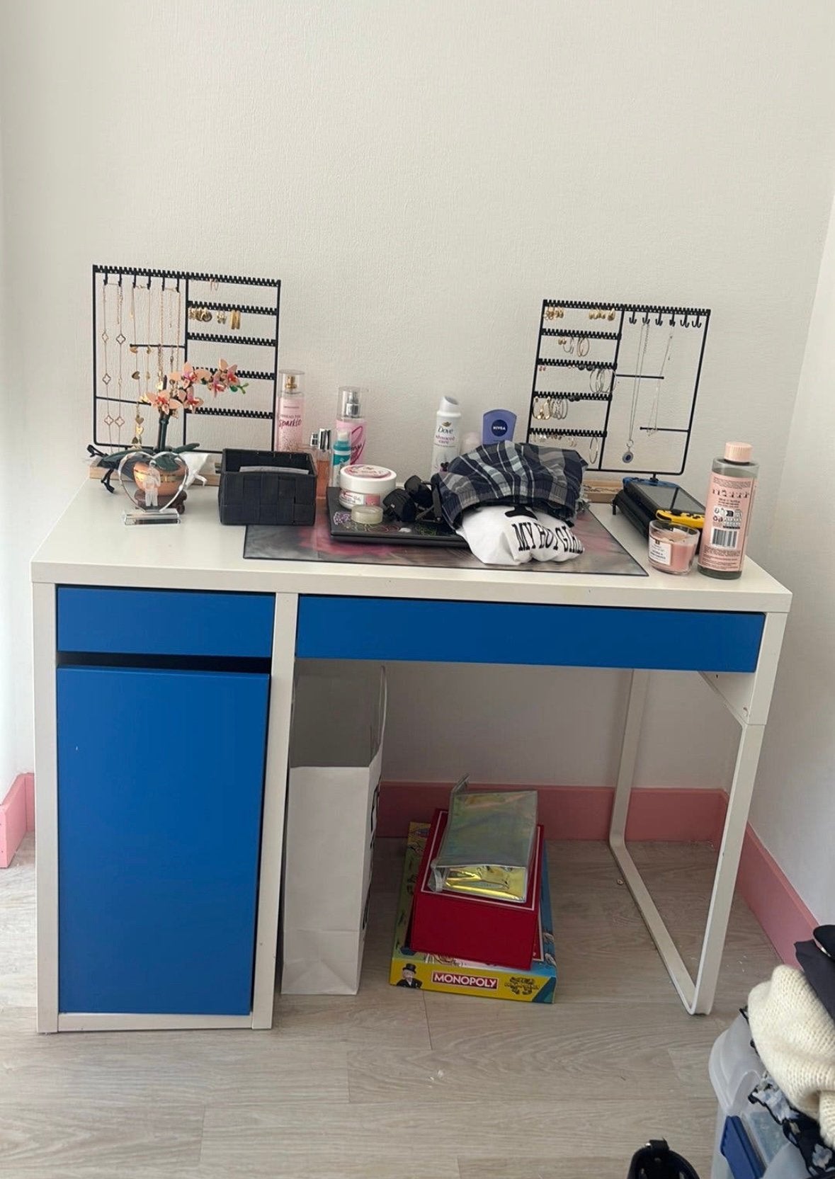 Bureau + bureauonderlegger, Huis en Inrichting, Ophalen, Gebruikt, Met lades, Schoolbureau