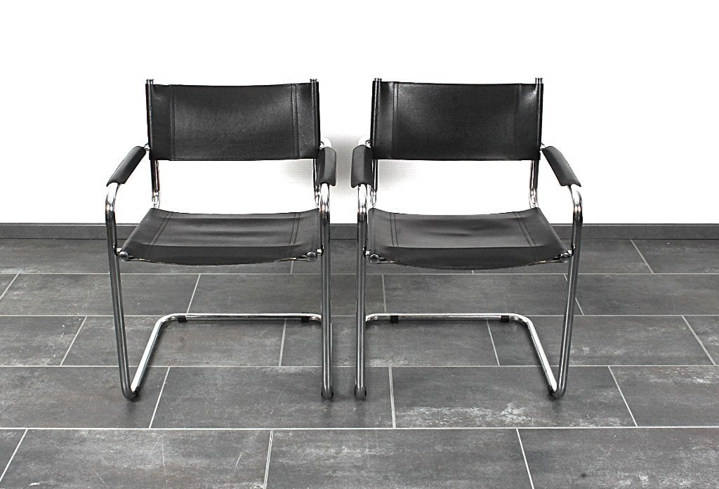 Set van 2 zwart lederen buisframe stoelen Mart Stam, Gebruikt, Twee, Zwart, Onbekend
