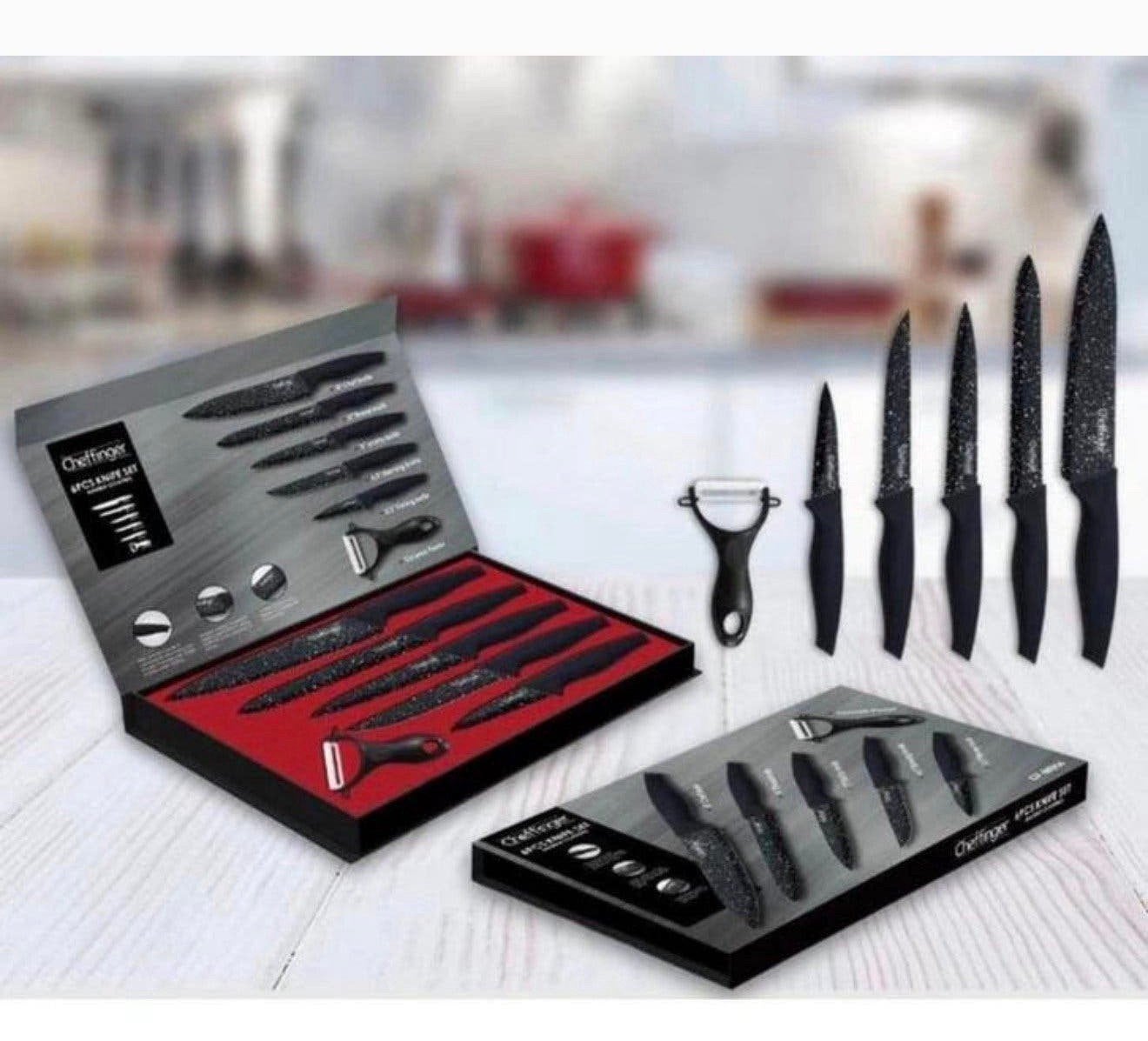 Ensemble de couteaux Cheffinger, 6 pièces, revêtement marbre, Enlèvement ou Envoi, Neuf, Inox ou Chrome, Set de couteaux