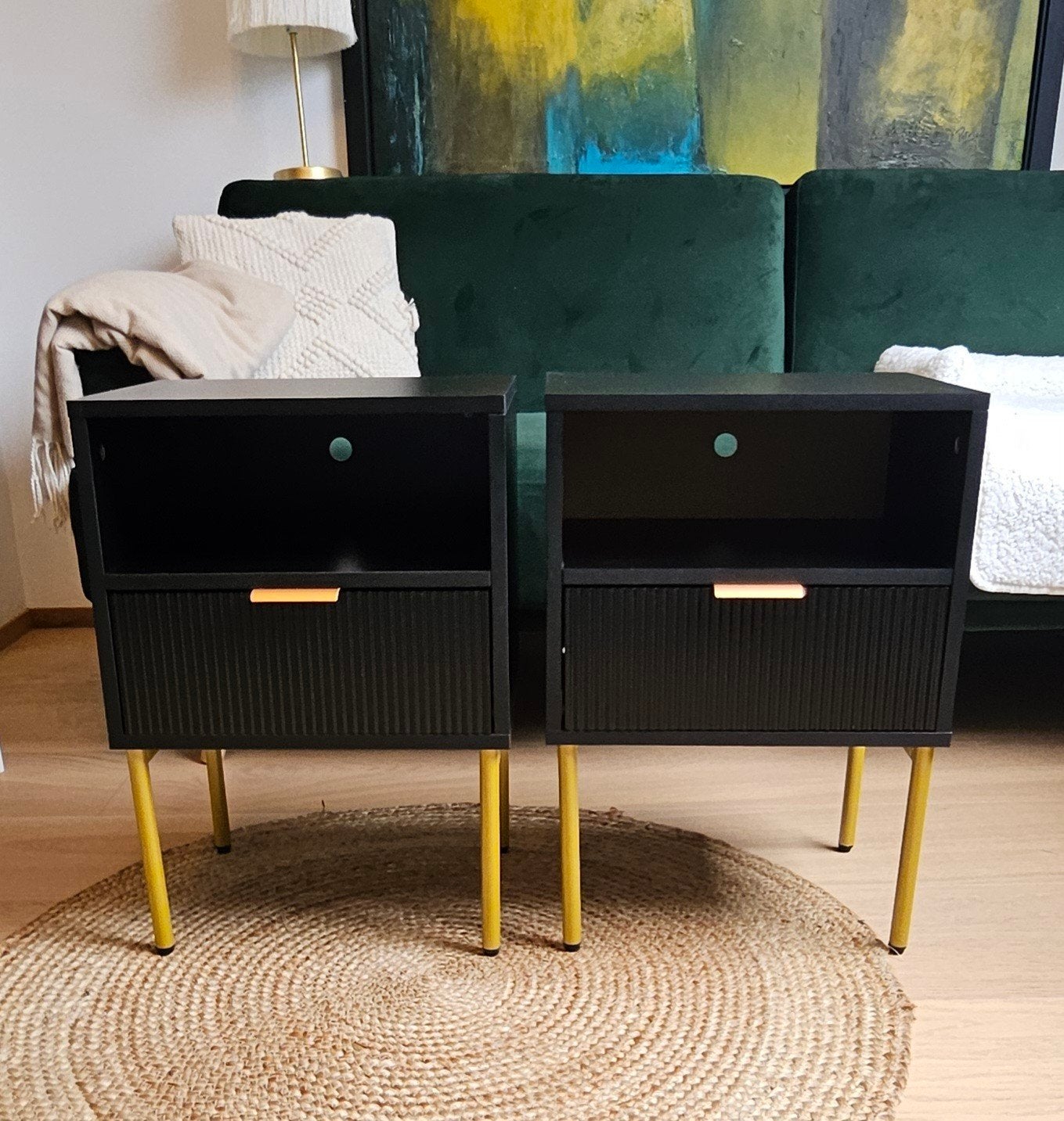 Lot de 2 tables de chevet IBUYKE noires – Pieds dorés, Comme neuf, Moins de 45 cm, Enlèvement, 55 à 70 cm