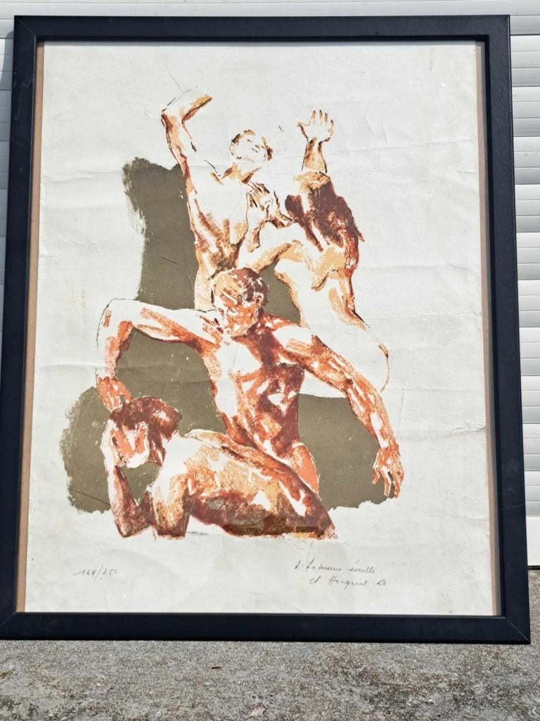 lithographie l homme eveille signe christian hocquet, Antiek en Kunst, Kunst | Litho's en Zeefdrukken, Ophalen of Verzenden