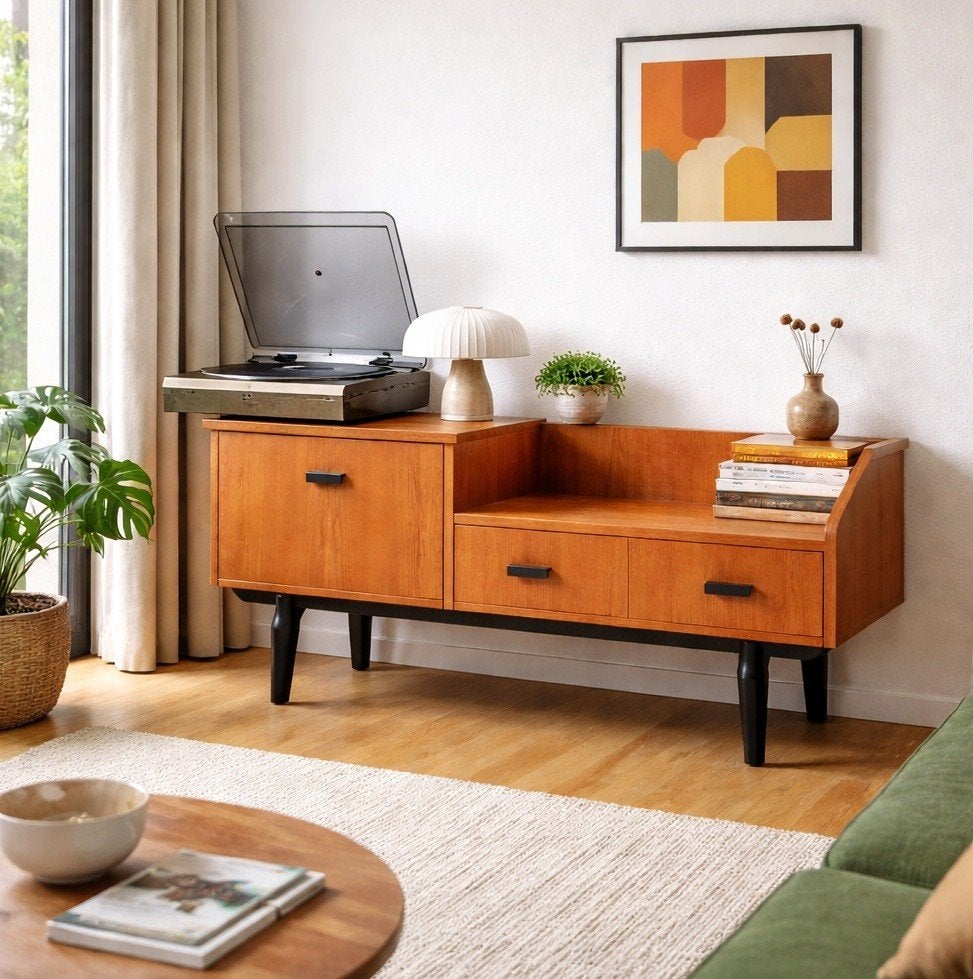 Prachtige vintage platenkast / lowboard, Maison & Meubles, Armoires | Buffets, Comme neuf, Avec tiroir(s), Avec abattant(s), Teck