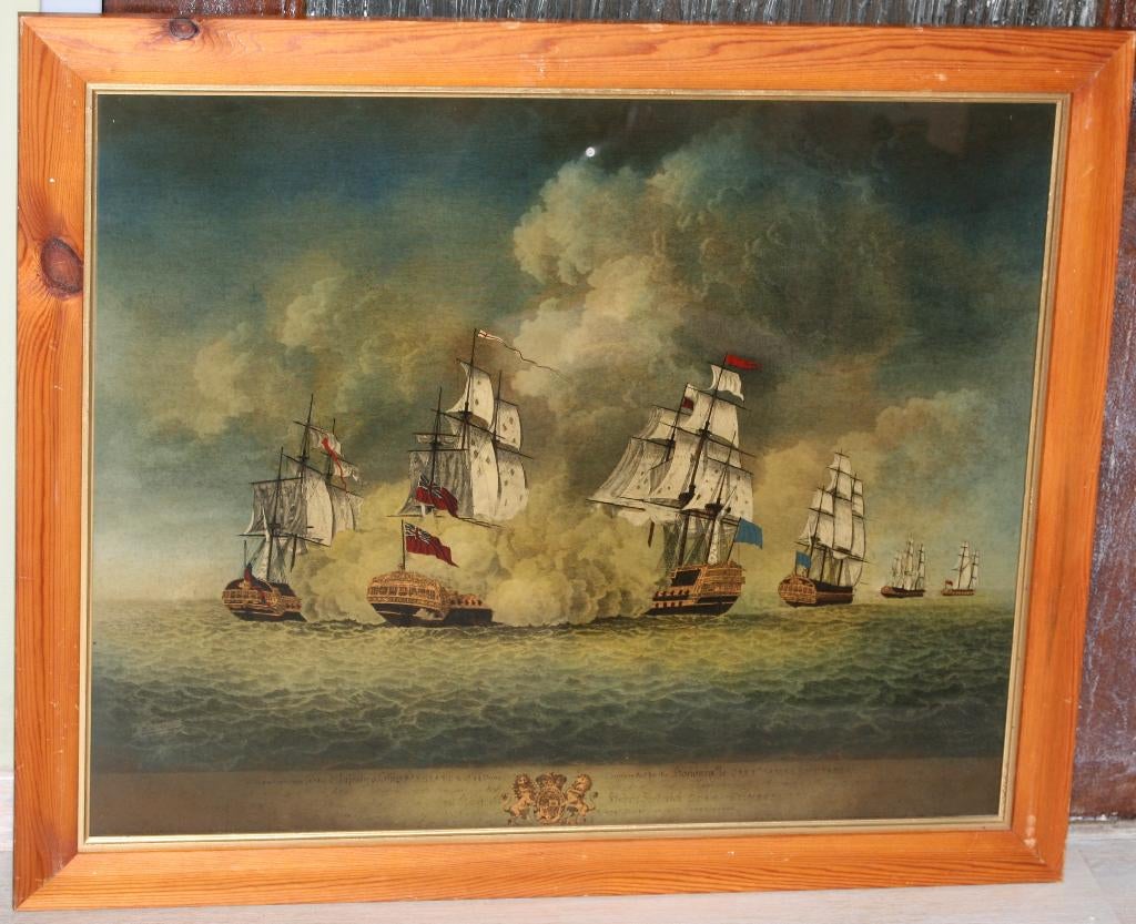 Omgekeerd geschilderde marine gravure op glas, Handgekleurd, 75 cm, Ophalen of Verzenden, Gravure