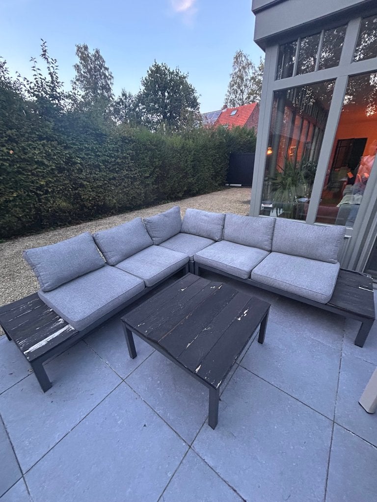Grote modulaire loungeset met kussens + salontafel, Tuin en Terras, Ophalen, Overige materialen, Gebruikt, 6 zitplaatsen