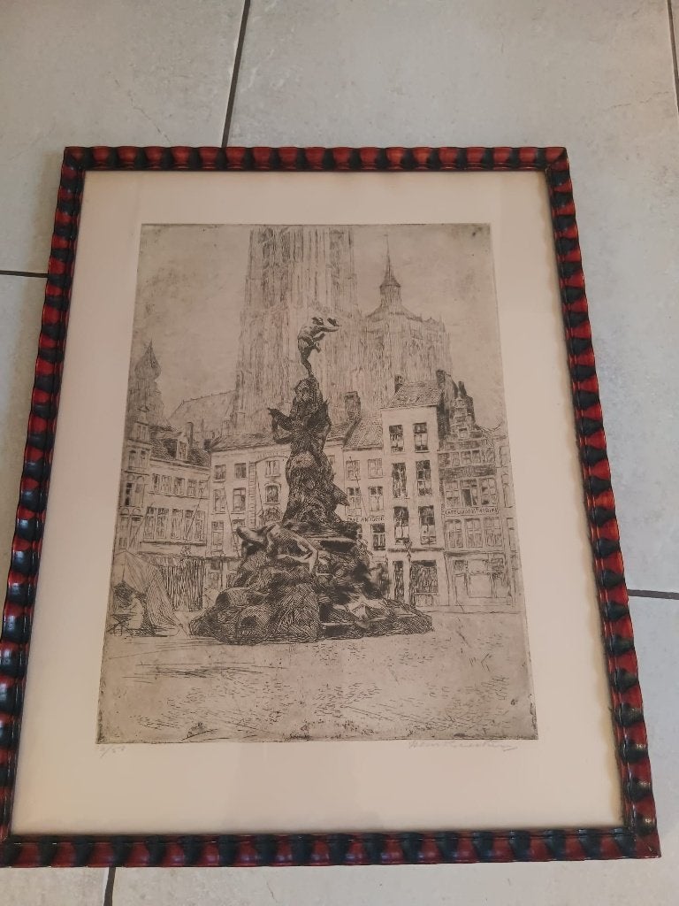 gesigneerde ets brabo fontain Antwerpen , Henri Geertsen, Antiek en Kunst, Kunst | Etsen en Gravures, Ophalen of Verzenden, Ets