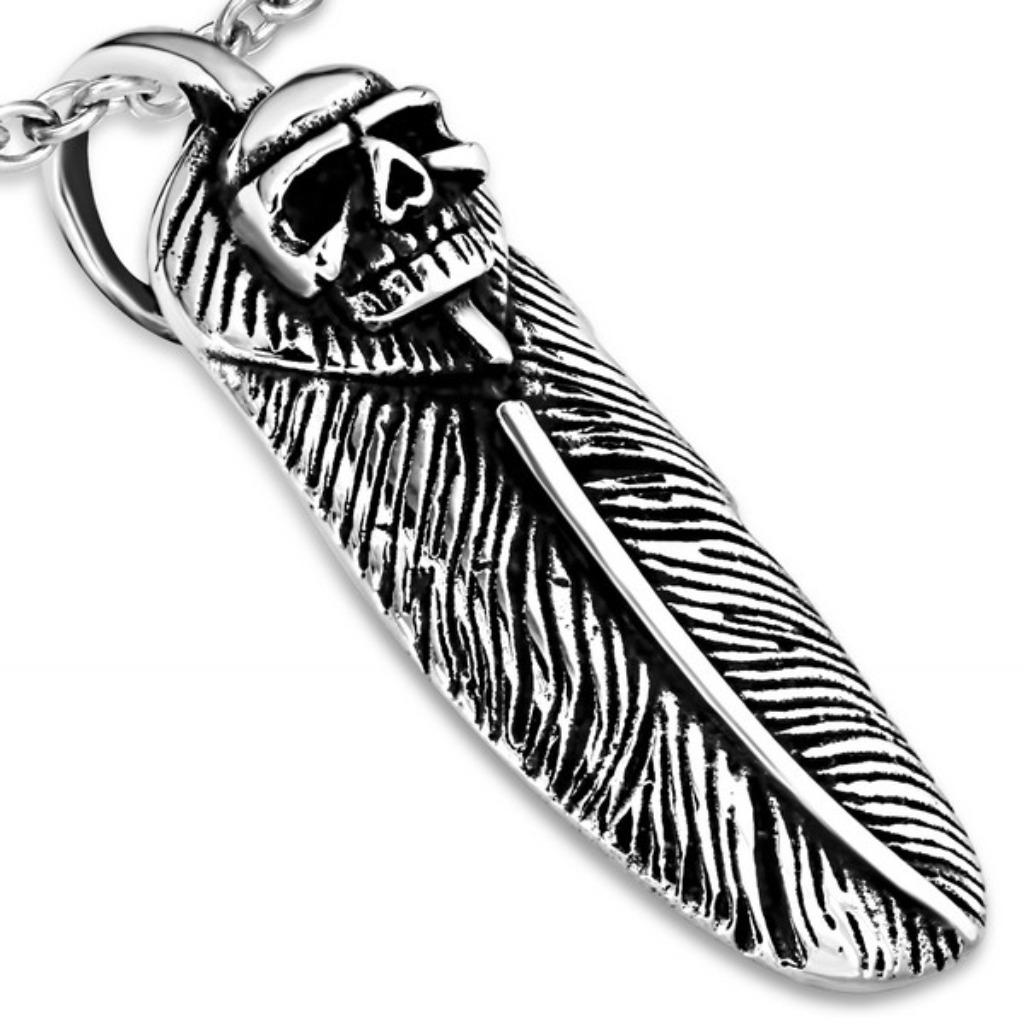 Pendentif collier crâne plume en acier inoxydable, Enlèvement ou Envoi, Neuf