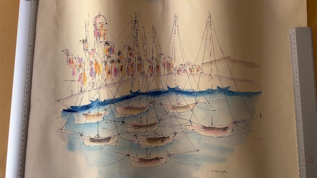 Aquarel haven Collioure – D. Christopher, Antiek en Kunst, Ophalen of Verzenden